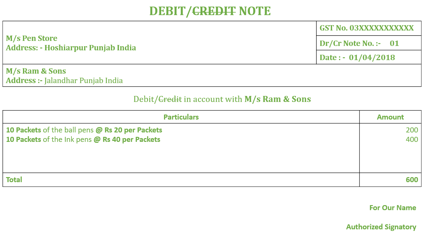 Debit Note No. 01